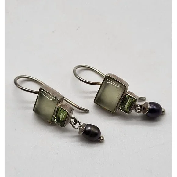 VTG 925 Sterling Silver Earrings Dangle Drop Green Gemstones Pearl Dainty - Picture 2 of 8